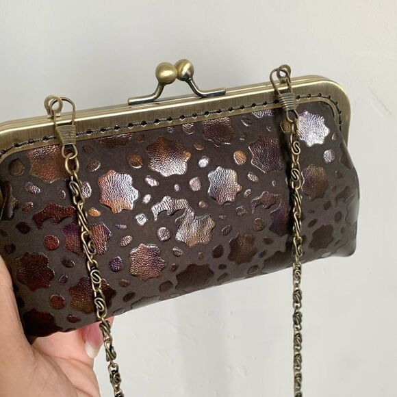 Handmade Vintage style Genuine Embossed Leather Kisslock Mini Clutch/Crossbody - Picture 10 of 15